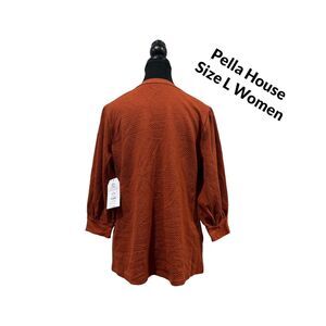 Women's Orange Brick Time and Tru Quilted Top with ¾-Length Puff Sleeves Size L